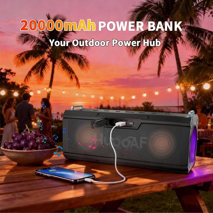 Hupoaf Speaker Bluetooth Wireless, 120W(Peak) Loud Outdoor Speaker with Deep Bass, IPX7 Waterproof, 20000mAh Power Bank/TWS/Portable Strap/EQ/Lightshow, Portable Speaker for Party/Camping/Beach/Garage