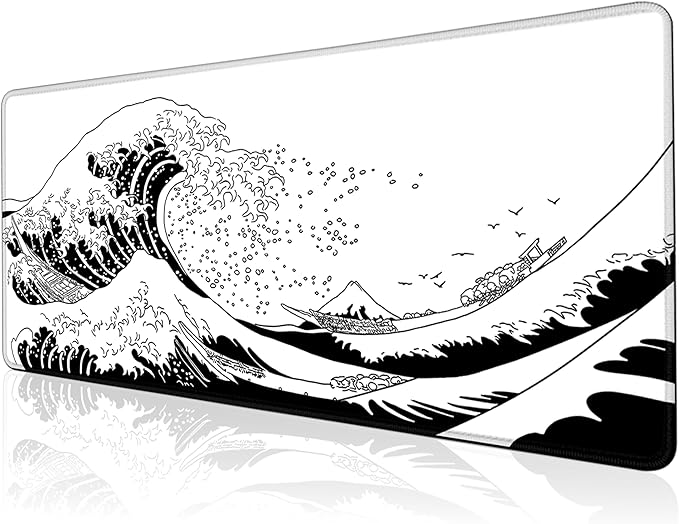 Gaming Mouse Pad for Desk,Large Mousepad Laptop,Black White Japanese Wave Anime Mouse Mat,Long XXL Waterproof Keyboard Pads,Big Non-Slip Computer Mousepads for Game Office Home（31.5 x 11.9 in）