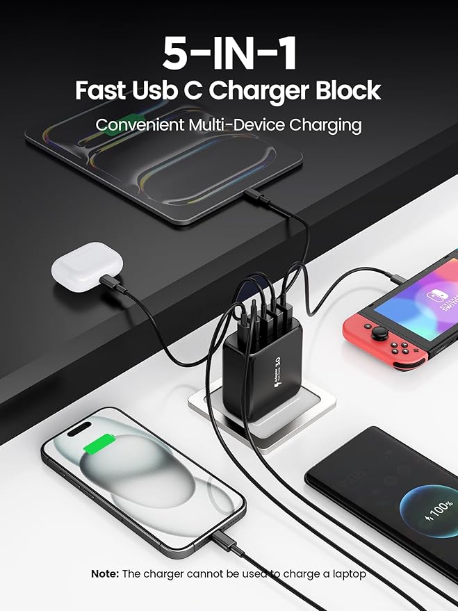 EIZLXQ USB C Charger Block, Type C Charger Fast Charging,Total 50W 5-Port USB Wall Charger Multiport Type C Charging Block Cube for iPhone 17/16/15/14/13/12/11 Pro Max XS, iPad, Samsung & More-Black
