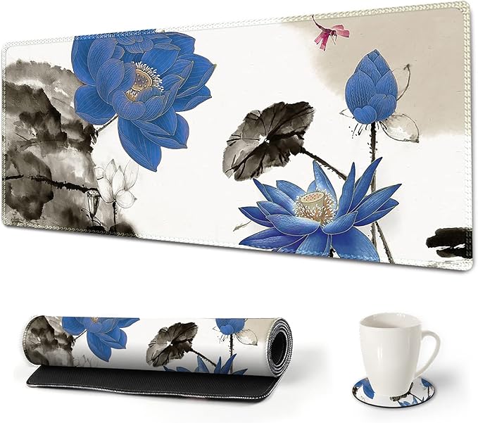 ARTSO Large Gaming Mouse Pad with Stitched Edges, XXL Extended Keyboard Mat Long Mousepad Desk Decor Writing Pad 35.1x15.7 in, Non-Slip Base for Work, Game, Office, Home, Blue Lotus Ink Painting