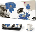ARTSO Large Gaming Mouse Pad with Stitched Edges, XXL Extended Keyboard Mat Long Mousepad Desk Decor Writing Pad 35.1x15.7 in, Non-Slip Base for Work, Game, Office, Home, Blue Lotus Ink Painting