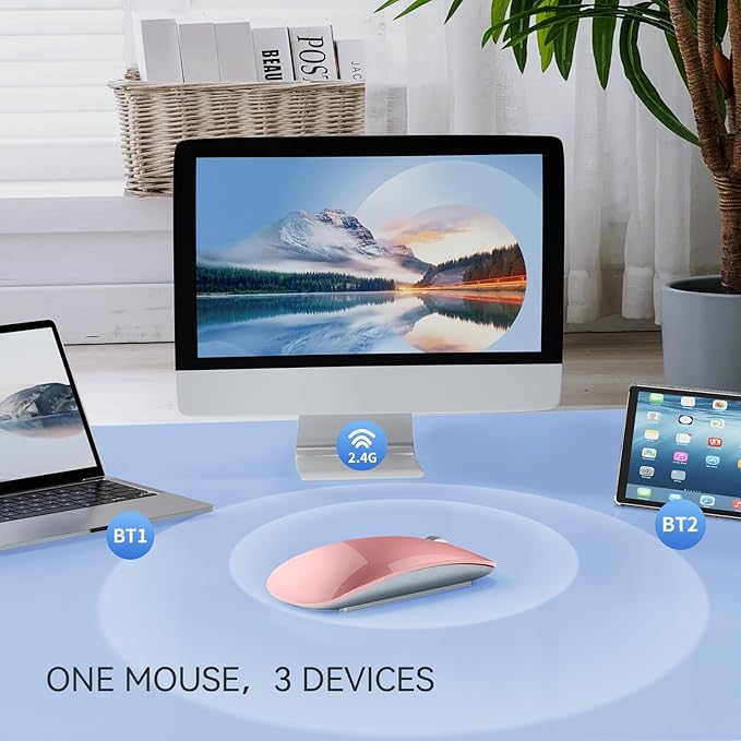 TENMOS M18 Bluetooth Mouse, USB C Rechargeable Wireless Mouse, Triple Mode (Dual Bluetooth+USB) Computer Silent Mice Portable with USB Receiver Type C Adapter for Laptop/MacBook/iPad/PC- Rose Gold