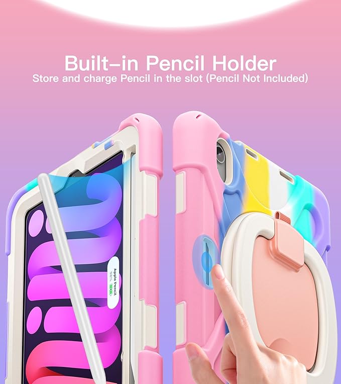 BATYUE Case for iPad Mini 7 A17 Pro 2024/iPad Mini 6 2021 8.3 Inch with Pencil Holder, 360 Rotating Stand, Shoulder Strap, Handle Grip, Shockproof Rugged Case for iPad Mini 7th/6th Gen, Colourful Pink
