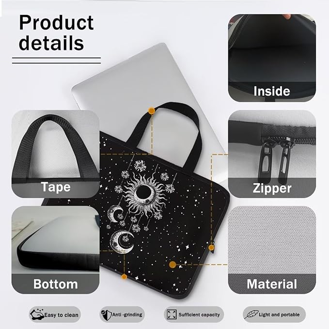 Sun Moon Stars Laptop Sleeve Case for Women Protective Soft Padded Zipper Cover Carrying Computer Bag Compatible with 12 Inch Notebook Chromebook Tablet, Galaxy Space, Black