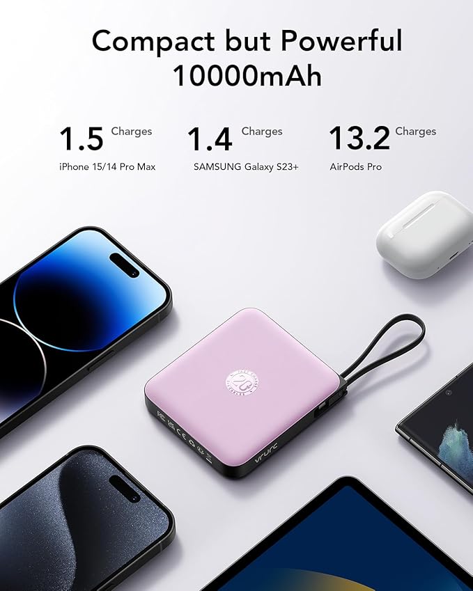 VRURC Portable Charger with Built-in Cable, 10000mAh 22.5W Fast Charging USB C Battery Pack, Cell Phone Power Bank for iPhone 17 16 15 Series Android Tablet (Purple)