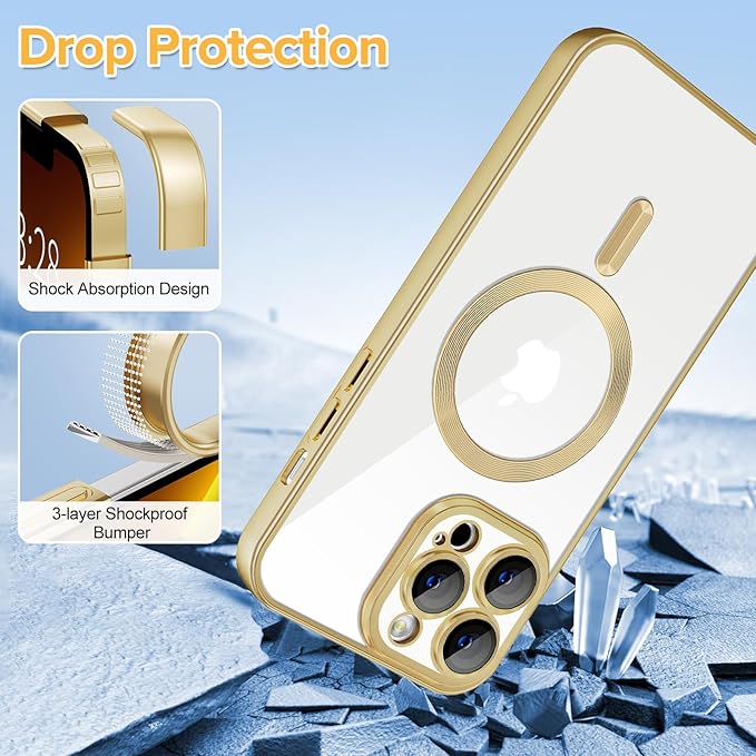 Hython Magnetic Clear for iPhone 13 Pro Max Case with Camera Lens Protector [Compatible with MagSafe] Plating Edge Slim Soft TPU Cover Protective Phone Case for iPhone 13 Pro Max 6.7", Matte Gold