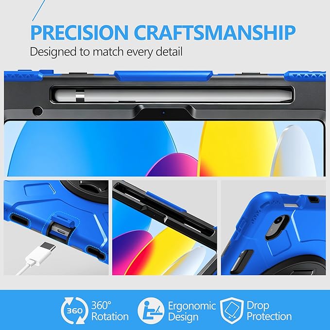 Case for iPad (A16) 11th/10th Generation Case: Protective Cover for iPad 11th Gen 11 Inch 2025 &10th Gen 10.9" 2022 with Screen Protector- Stand- Shoulder Strap- Handle- Pencil Holder-Black+Blue