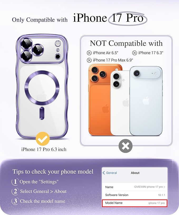 GVIEWIN for iPhone 17 Pro Case Compatible with MagSafe, Upgraded [Full Camera Protection][Cute Wave Frame][Military Grade Protection] Electroplated Hard Phone Cover for Women Girl, Clear/Purple
