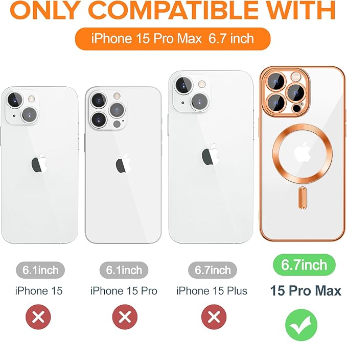Hython Magnetic Clear for iPhone 15 Pro Max Case with Camera Lens Protector [Compatible with MagSafe] Plating Edge Slim Soft TPU Cover Protective Phone Case for iPhone 15 Pro Max 6.7", Orange