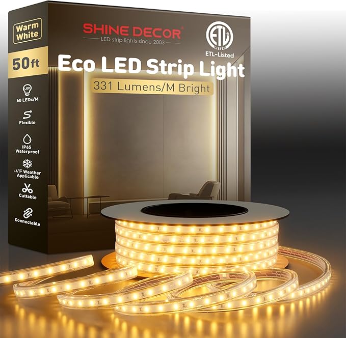 Shine Decor LED Strip Light Easy Connectable, 2800K Warm White Cold Resist Weatherproof Plug-in for Indoor Outdoor, 101 LM/FT Dimmable Bright Eco Rope Lighting 50FT, 120V Whole Set ETL Listed