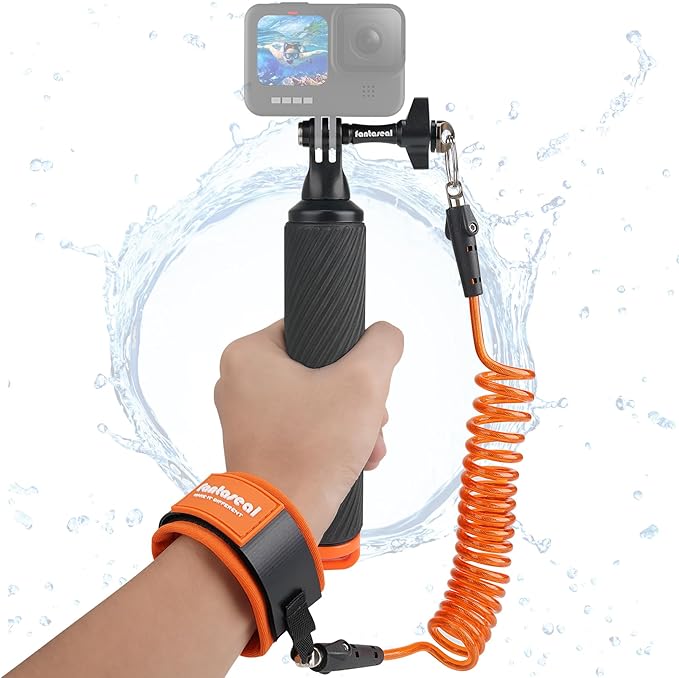 Action Camera Non-Slip Handler Floating Hand Grip Holder Mount + Steel-cored Safety Wrist Strap for GoPro Sony Insta360 Olympus Akaso Underwater Camcorder Diving Surfing Snorkeling Rafting Kayaking