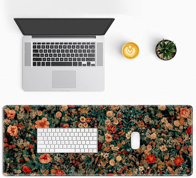 Retro Floral Gaming Mouse Pad Large Desk Mat Extended Keyboard Mouse Pad Anime Mousepad with Non-Slip Base and Stitched Edge Mouse Mat Desk Pad 31.5 x 11.8 Mouse Pads for Desk Home Office Gaming