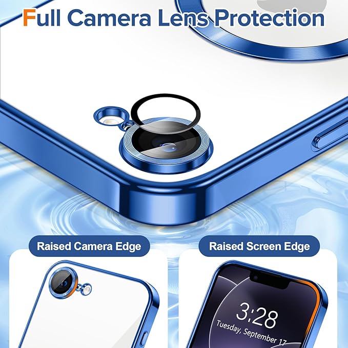 Hython Magnetic Clear for iPhone 17e Case with Camera Lens Protector [Compatible with MagSafe] Luxury Plating Edge Slim Soft TPU Cover Protective Phone Case for iPhone 17e 6.1", Deep Blue