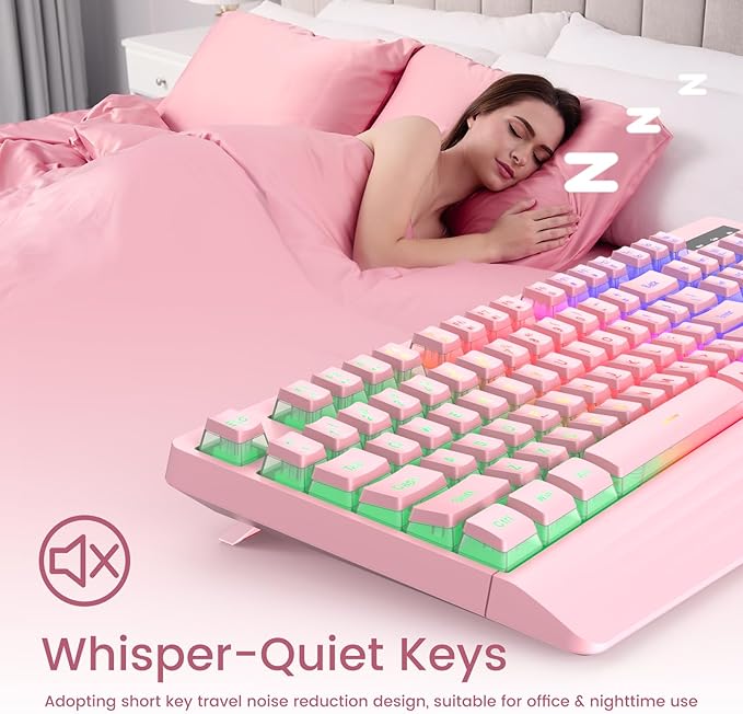 yesbeaut Pink Creamy Keyboard, Rainbow LED Backlit, 104 Keys Silent Light Up Gaming Keyboard with Wrist Rest, PBT Keycap, Anti-ghosting, Waterproof USB Wired Computer Keyboard for PC Mac Xbox