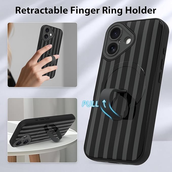 KANGHAR Compatible with iPhone 16 Case, Support for MagSafe, Silicone Stripes Cute Pattern, Wristband Kickstand Camera Protection Soft Slim Cover for Girls Women -Black