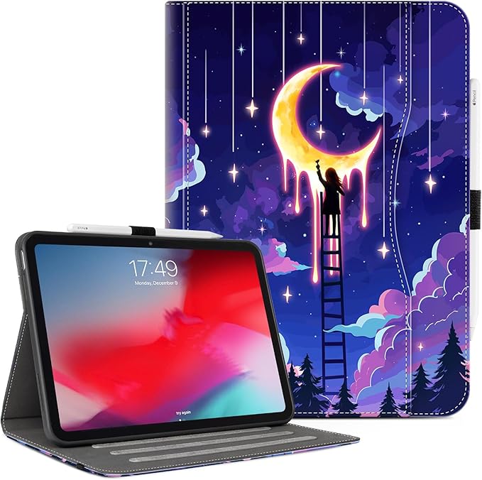 Vimorco Case for iPad (A16) 11th Generation 2025, for iPad 11th/10th Generation Case, Pencil Holder/Hand Strap/Pocket, Multiple Stand Protector Shell Cover, Auto Wake/Sleep, Fantasy Moon Oil Painting