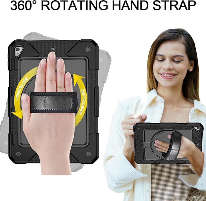 MENZO Shockproof Case for iPad 5th Gen/6th Gen/Air 2/Pro 9.7-inch with 360° Swivel Stand, Pencil Holder, Detachable Hand and Shoulder Strap, Black