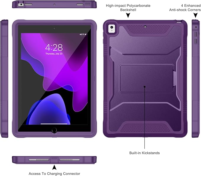 Soke Case for iPad 6th/5th Generation 9.7 Inch 2018/2017,with Built-in Screen Protector and Kickstand, Rugged Full-Body Heavy Duty Protective Cover for Apple iPad Air 2 /Pro 9.7 - Purple