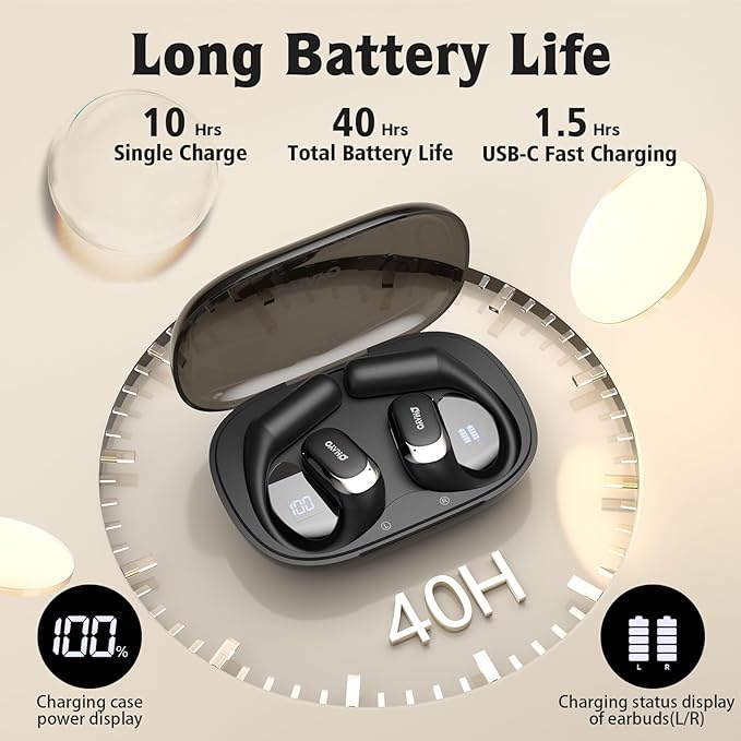 OHAYO Open Ear Headphones,Over Ear Earbuds with Ergonomic Earhook,Bluetooth Headphones 5.4 with Smart Digital Display,40H Playtime,IPX6 Waterproof,Touch Control Operate Fit Cycling,Running,Workout