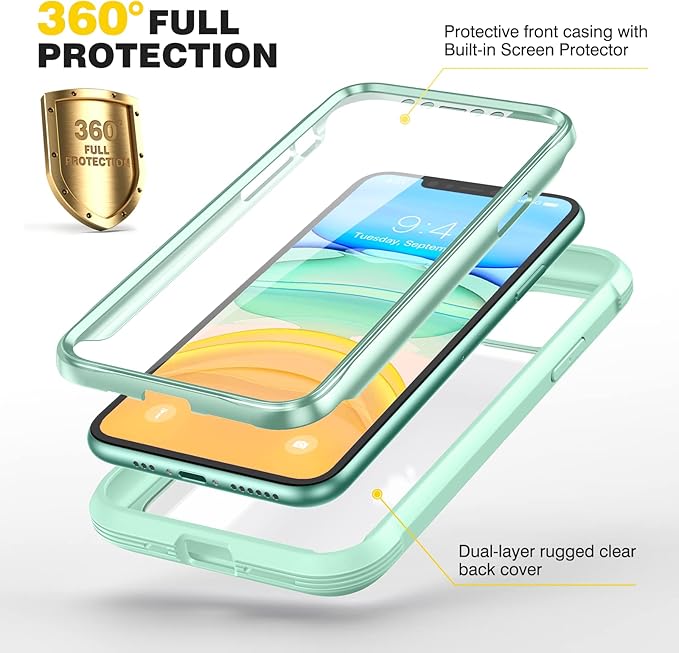 Diaclara Compatible with iPhone 11 Case, Full Body Rugged with Built-in Touch Sensitive Anti-Scratch Screen Protector, Soft TPU Bumper Case Clear Compatible with iPhone 11 6.1" (Pistachio Green)
