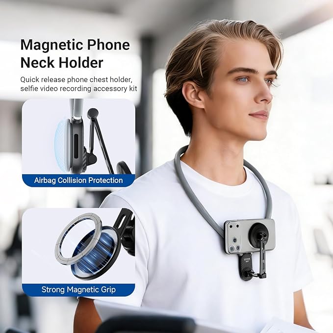 NEEWER Magnetic Phone Neck Holder, Quick Release Cell Phone Chest Mount Stand Adjustable Compatible with MagSafe iPhone Samsung Android, Accessories Kit for POV Vlogging Selfies Video Recording, GP47