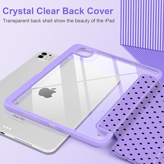 Case for iPad Pro 11 Inch (M5 2025 M4 2024) – [Built-in Pencil Holder], Shockproof & Stylish, Clear Hard Back + Soft TPU Edge, Magnetic Trifold Stand, Auto Wake/Sleep, Purple Polka dot