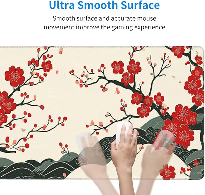 AQQA Japanese Desk Mat, Cherry Blossom Waves Large Gaming Mouse Pad, XL Anime Gaming Keyboard Mat Non-Slip Rubber Base Mousepad Desk Decor for Women Home Office, 31.5”x15.7”