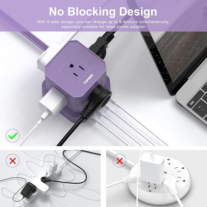 TOPREK Power Strip with USB, 10 FT Flat Extension Cord with 5 Outlets, 2 USB-C & 2 USB-A, Compact Desk Charging Station for Home Office, Dorm, Hotel, Travel, 700J Surge Protection