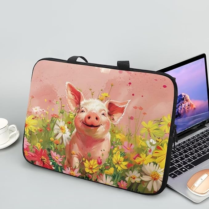 Pink Pig Floral 15 Inch Laptop Sleeve, Cute Computer Bag Tablet Carrying Case Laptop Cover Tote Bags Notebook Sleeves Handbag Messenger Briefcase for Travel/Work/School