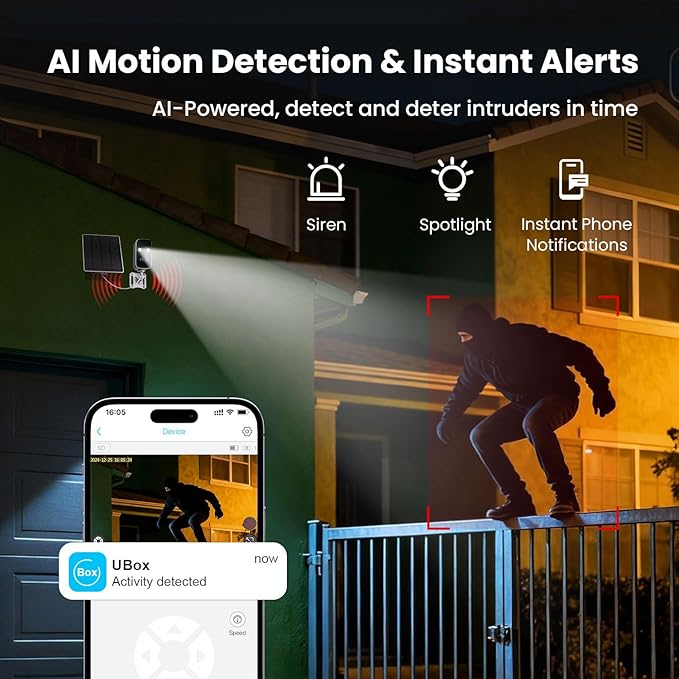 Solar Security Cameras Wireless Outdoor, WiFi Cameras for Home Security, Motion Detection, Instant Phone Notifications, Free Cloud Storage(Need Apply)/SD Storage, 2K Color Night Vision, IP66