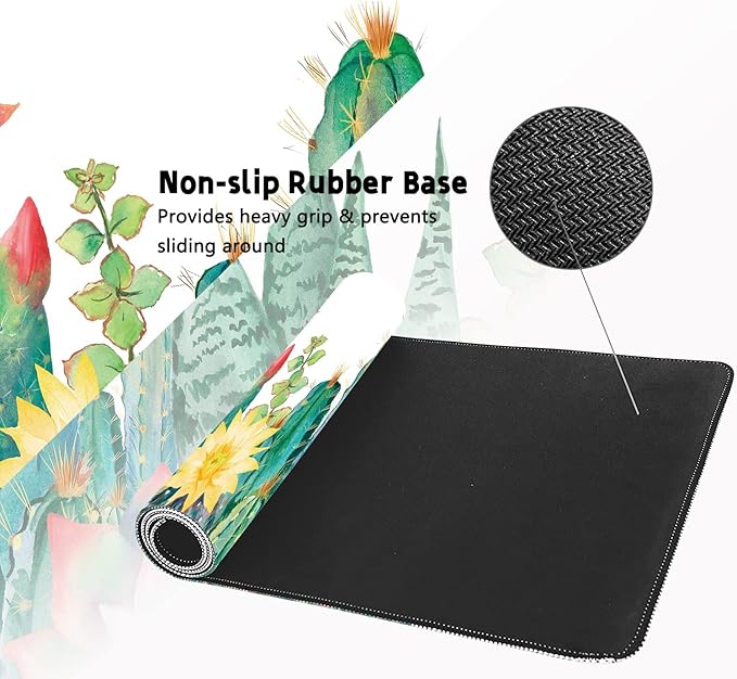 Extended Large Gaming Mouse Pad Watercolor Cactus XXL Size Keyboard Mouse Mat Desk Pad with Non Slip Rubber Base Stitched Edges Office Decor for Women Girls Men,35.4 x 15.7inch