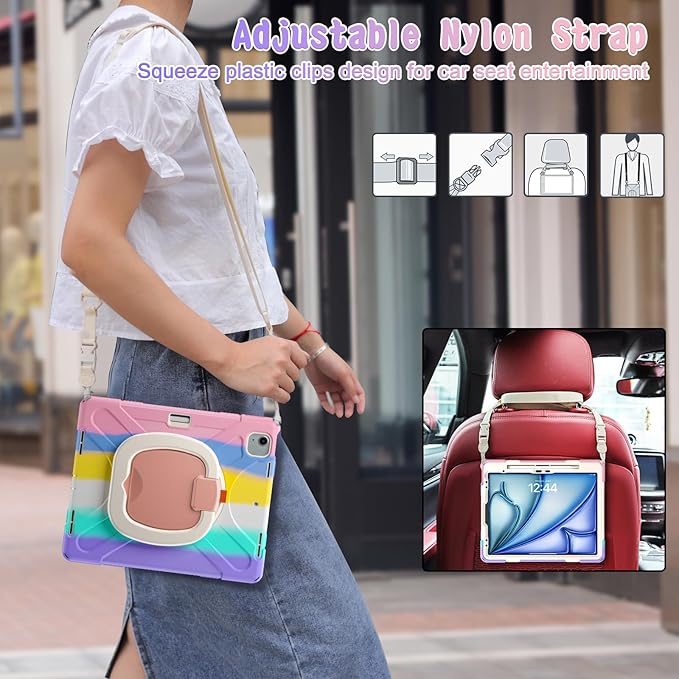 MEEgoodo Case for iPad Air 13 inch 2025 (M3) /2024 (M2) & iPad Pro 12.9 Case 6th/5th/4th/3rd Generation 2022 2021 2020 2018,Tablet Cover with Pencil Holder/Rotating Stand/Shoulder Strap,Colourful Pink | 2025 (M3), 2024 (M2), 2022 2021 2020 2018, Pencil...
