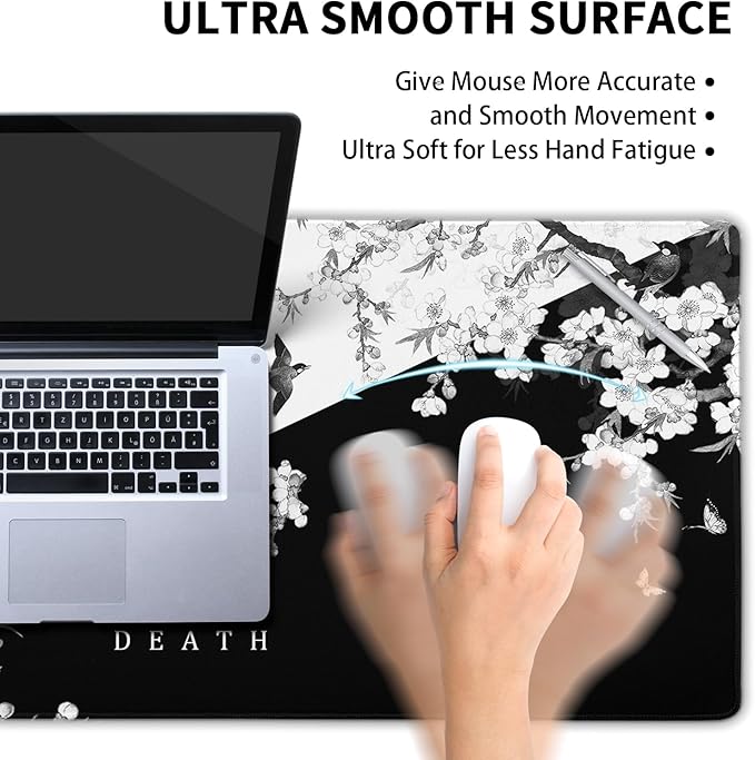 Black and White Cherry Blossom Gaming Mouse Pad XL，Large Mouse Pad Japanese Sakura Death Life Mouse Mat Desk Pad, Extended Stitched Non-Slip Rubber Edges Mousepad 31.5 X 11.8 Inch