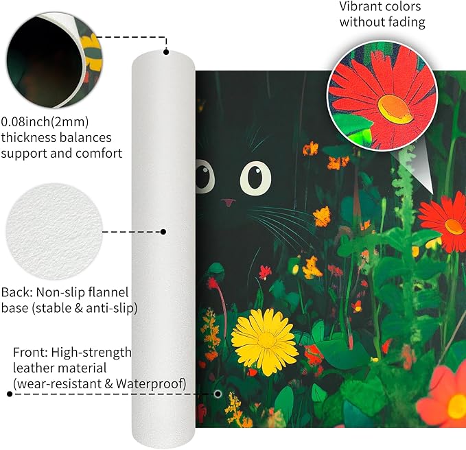 Bloss Green Mouse Pad, Clearance Overstock Limited Stock Discontinued Size Large Floral Plants Desk Pads for Desktop, Cute Black Carton Cat Leather Desk Mat, Computer Laptop Desk Mat,31.5"x15.7"