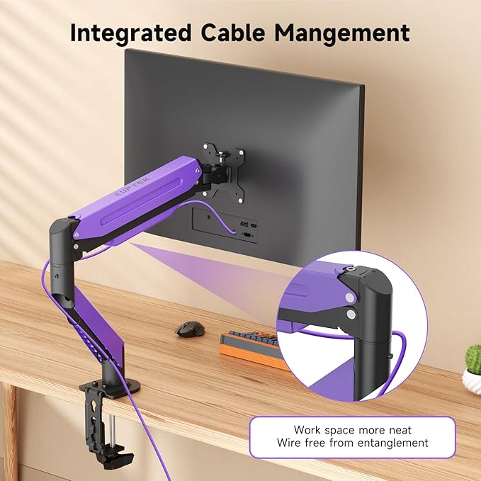 Suptek Monitor Mount Gas Spring Monitor Arm Desk Mount Fully Adjustable Fits 17-35 inch Monitors Weight Capacity up to 24.25 lbs, Black+Purple