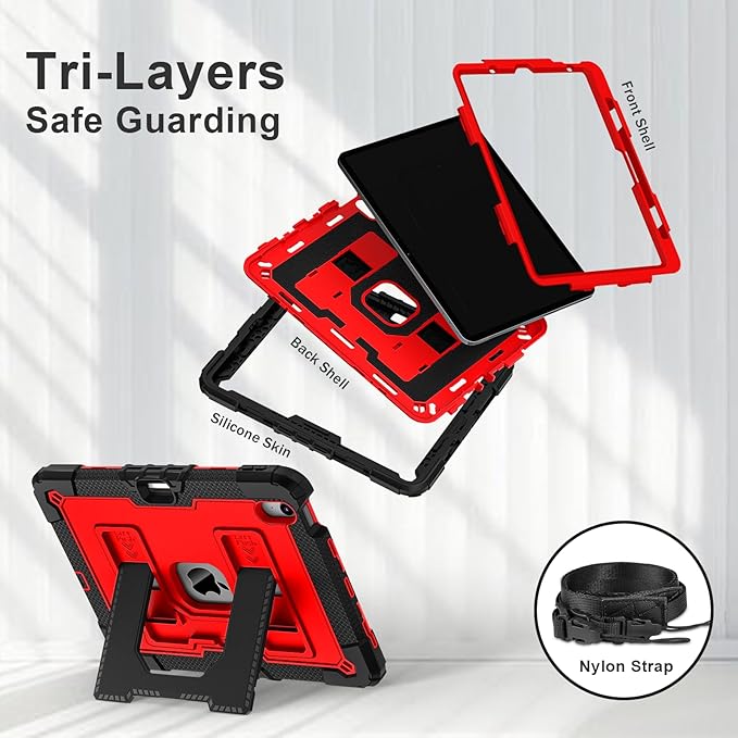 Kids Friendly Case for iPad Air 11 Inch M4 M3 M2 2026/2025/2024 Case with Pencil Holder & Shoulder Strap, Military Grade Shockproof Kickstand Hard Shell Protective Cover,Black+Red