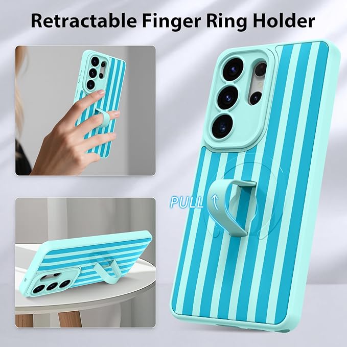 KANGHAR Compatible with Samsung Galaxy S26 Ultra Case, Support for MagSafe, Silicone Stripes Cute Pattern, Wristband Kickstand Camera Protection Soft Slim Cover for Girls Women -Blue