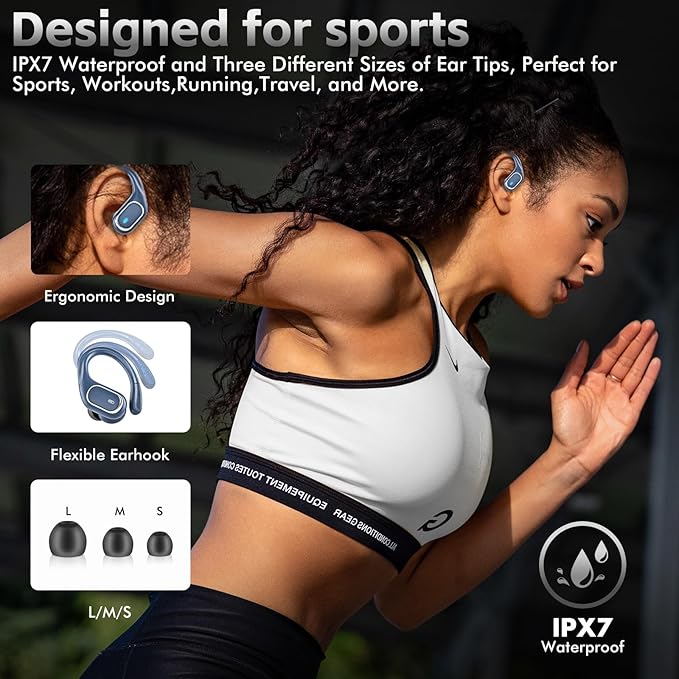 HAOYUYAN Wireless Earbuds Bluetooth 5.3 Headphones with 80H Playback, IPX7 Waterproof Over Ear Buds with LED Power Display for Sports Running Workouts (Navy Blue)