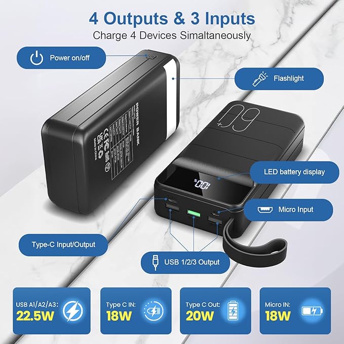 Portable Charger Power Bank 60000mAh Fast Charging 22.5W PD4.0 & QC 4.0 with USB C Battery Pack Charger Portable High Capacity Portable Phone Charger Power Bank for iPhone,Samsung,Travel (Black)