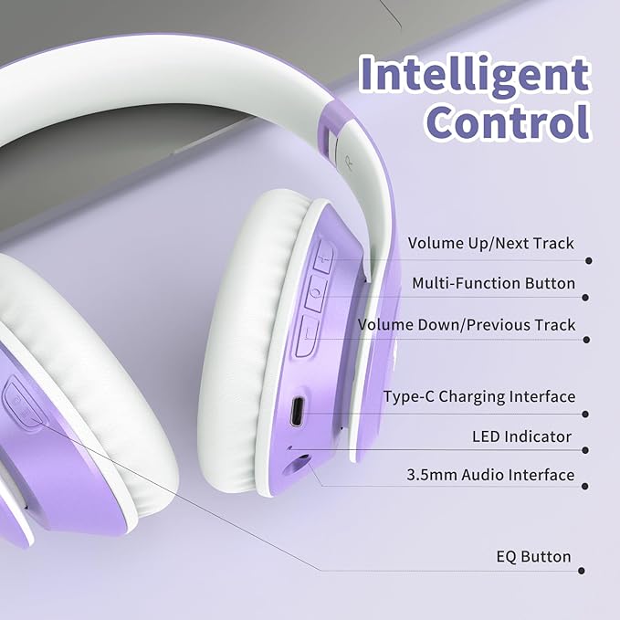 Uliptz Wireless Bluetooth Headphones, 65H Playtime, 6EQ Sound Modes, HiFi Stereo Over Ear Headphones with Microphone, Foldable Bluetooth 6.0 Headphone for Travel/Office/Cellphone/PC (Purple)