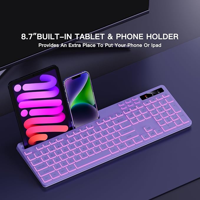 Soueto Wireless Keyboard with 7-Color RGB Backlit, Full-Size Computer Keyboard with Phone Tablet Holder, 2.4G Rechargeable Gaming Keyboard with Light Up Keys, Compatible with Mac, Windows (Purple)