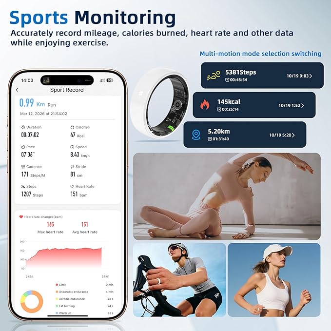 Smart Ring, Ceramics Fitness Tracker & Health Monitoring Ring with Heart Rate Sleep Tracking, Multi-Sport Activity Tracker, 5ATM Waterproof, iOS Android Compatible(White, 9)