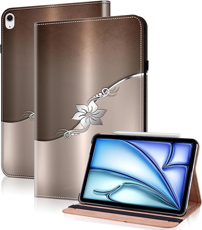 Case for iPad Air 13 inch M4 2026/M3 2025/M2 2024 with Pencil Holder & Card Slots & Auto Sleep, Embossed PU Leather Stand Magnetic Shockproof Cover Case for iPad Air 13 - Silver Flower