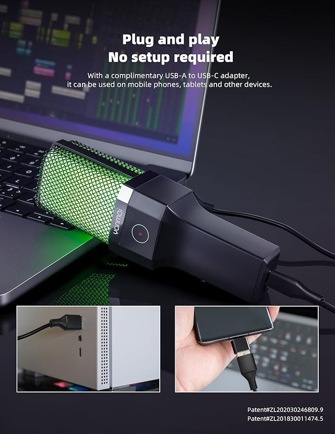 USB Microphone for PC, Cardioid Condenser Mic with RGB Light, One-Touch Mute, Gooseneck Tripod, USB-C/USB-A Computer Microphone for Gaming, Streaming, Podcasting, Recording