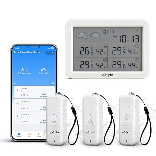 eMylo WiFi Thermometer Hygrometer, Smart Digital Indoor Temperature Humidity Monitor 426Ft Rang with 3 IP65 Wireless Sensors Outdoor Kit