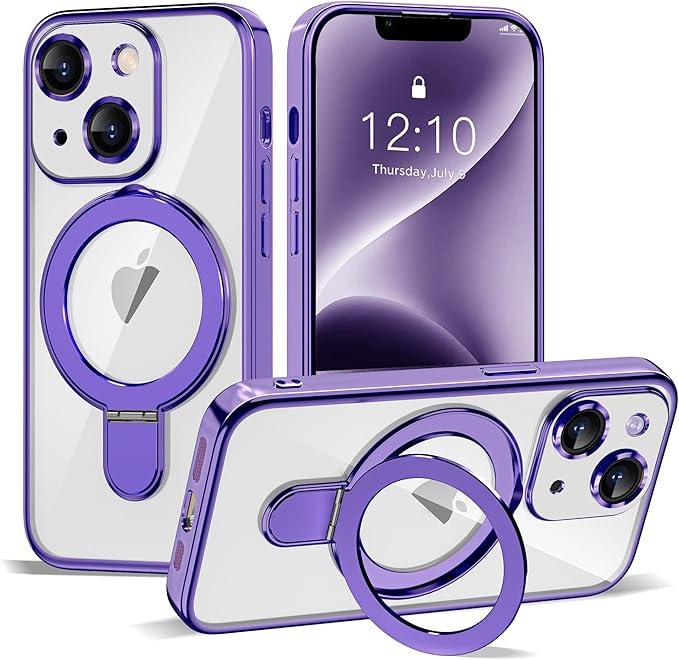 Compatible with iPhone 14 Plus Case with Invisible Magnetic Ring Stand [Compatible with Mag-Safe] [Full Camera Lens Protector] Plating Clear Phone Case for iPhone 14 Plus 6.7", Purple
