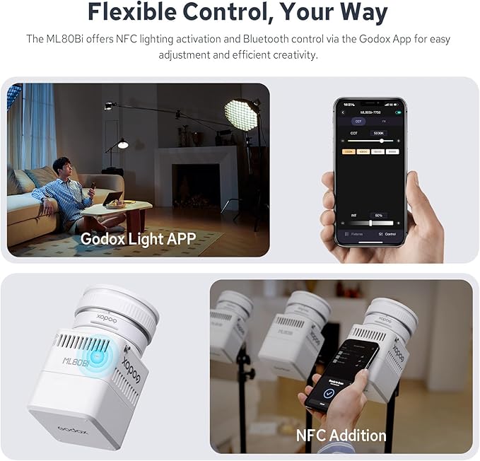 Godox ML80Bi COB Video Light w/95Wh Detachable Battery, Brighter Bi-Color Led Video Light 29600lux@5600K 1m, CRI 96, 2800K-6500K,11FX, Dimming 0%~100%, Portable Continuous Output Lighting Photography