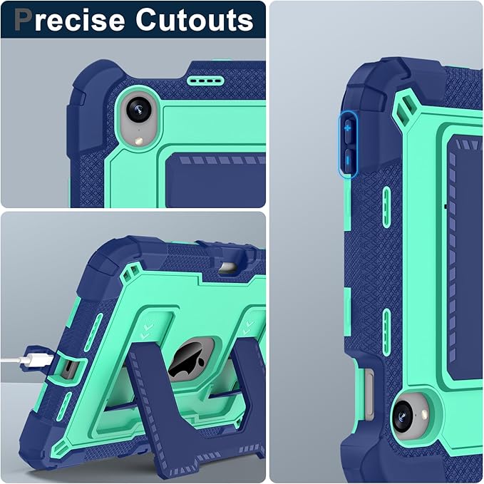 Kids Friendly Case for Apple iPad mini 7 A17 Pro 2024/iPad Mini 6 2021 8.3 Inch 7th/6th Gen Case with Pencil Holder & Shoulder Strap, Shockproof Kickstand Hard Shell Protective Cover,Blue+Mint
