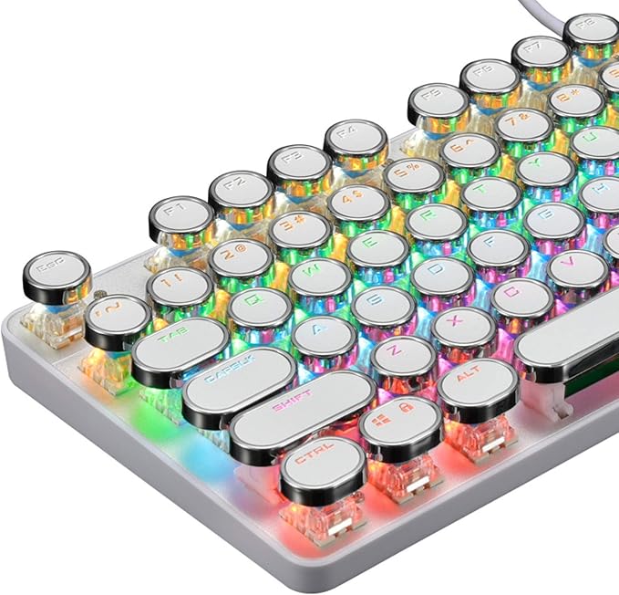 YSCP Typewriter Style Mechanical Gaming Keyboard Rainbow Backlit Wired with Blue Switch Retro Round Keycap 104 Keys Keyboard (L-White)