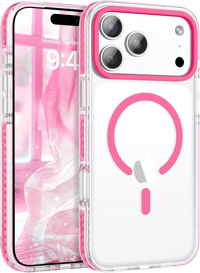 BENTOBEN Magnetic for iPhone 17 Pro 6.3" Case, Compatible with Magsafe Military Shockproof Protective Cute Transparent Slim Anti-Yellowing Phone Case for iPhone 17 Pro Cover, Clear Hot Pink